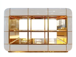 White display case with gold accents