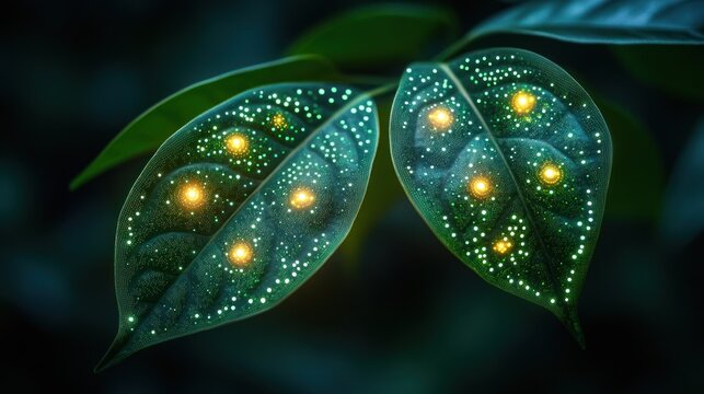 Two leaves, glowing points, dark background