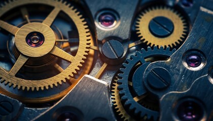 Close-up of Interlocking Mechanical Gears and Clockwork Mechanism