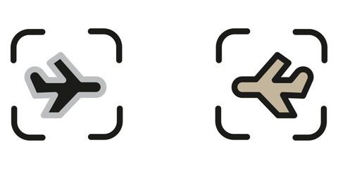 Modern airplane icon set for travel, tourism, and flight promotions, representing departure and arrival in a simple graphic design with a focus frame
