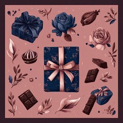 Gift-wrapped chocolates and flowers on a mauve background.  Detailed illustration of dark navy blue gift boxes,  pink and mauve flowers, leaves, and chocolate bars.  Delicate pattern on the gift wrap