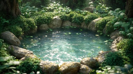 Verdant pool nestled in a mossy forest