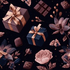 Dark, elegant pattern of gifts, chocolate, and flowers