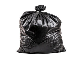 Black plastic trash bag, tied closed, isolated on black