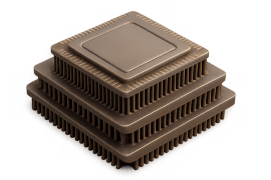Stacking processor microchips in a pyramid shape. Computer hardware technology concept with a transparent background