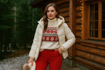 Confident young woman in winter fashion with cozy sweater and stylish puffer coat presenting a modern aesthetic against a rustic cabin backdrop expressing seasonal charm