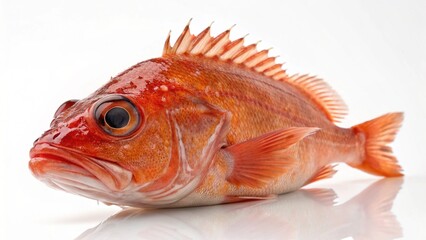 Obraz premium Photorealistic studio portrait of a reddish-orange Ocean Perch (rockfish or redfish) isolated on a clean white background.