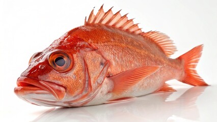 Photorealistic studio portrait of a reddish-orange Ocean Perch (rockfish or redfish) isolated on a clean white background.