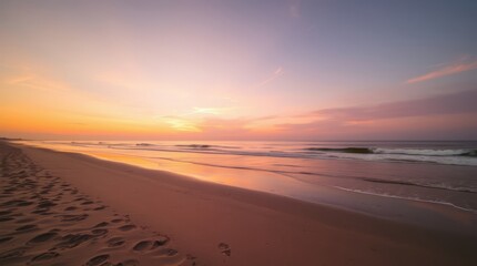 Coastal Sunset Serenity: A panoramic view of a tranquil beach at sunset. The warm hues paint the sky and the glistening water in a display of natural beauty, creating a peaceful and serene atmosphere.