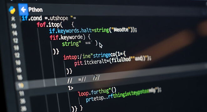 Close-up of coding screen with programming lines, software development interface, computer code and modern technology background
