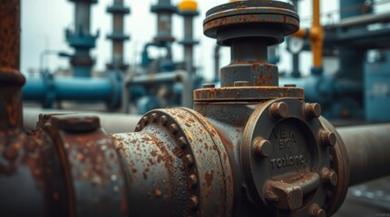 Industrial Valves and Piping: A close-up view of weathered industrial valves and intricate piping systems, revealing the strength and complexity of the infrastructure