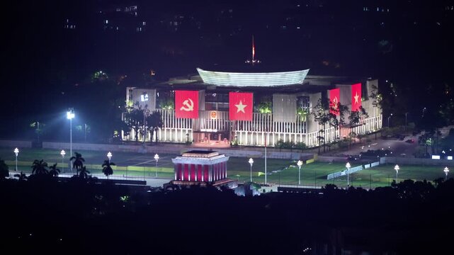 Night on Ho Chi Minh Mausoleum and Ba Dinh square in Hanoi city, Vietnam. Travel concept