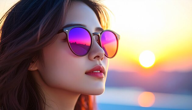 夕焼けを映す丸いサングラスと人物の横顔 / Side profile with round sunglasses reflecting sunset
