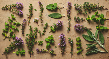 Fresh herbs arranged on wooden surface with natural lighting