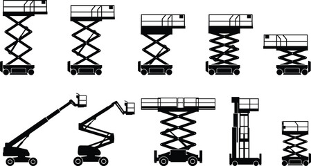 Aerial lift, scissor lift, boom lift, mast lift, construction equipment, industrial platform, silhouette vector, access machine, illustration, flavector ©  FIROZ