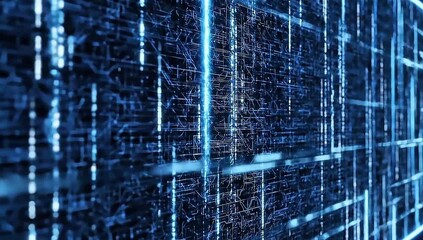 Abstract digital grid pattern with glowing blue lines and data streams representing connectivity and information flow - Powered by Adobe