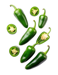 Fresh Green Jalapenos in Various Cuts on Transparent Background
