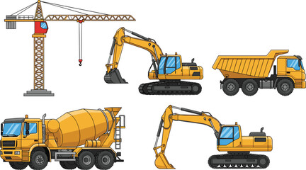 Set of yellow heavy construction machinery vector illustrations including excavator tower crane dump truck and concrete mixer isolated on white background design. ©  FIROZ