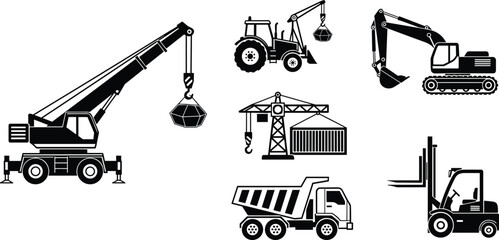 Construction vehicle silhouettes, industrial machinery vector, crane, excavator, forklift, dump truck, loader, tower lift, flavector ©  FIROZ