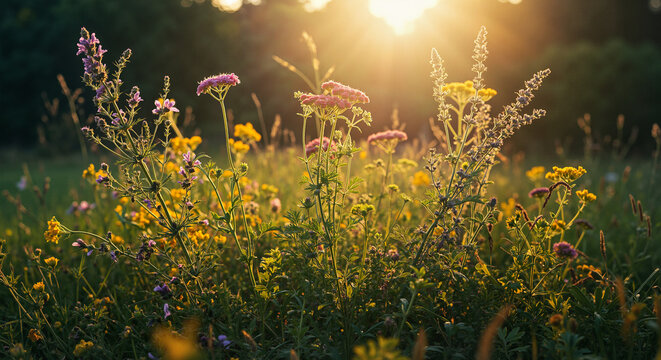 Wildflowers blooming in sunlight during golden hour in meadow   - Powered by Adobe