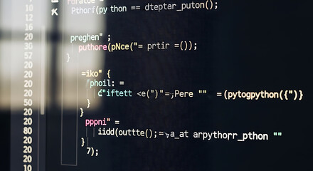 Close-up of coding screen with programming lines, software development interface, computer code and modern technology background