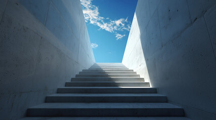 Modern minimalist staircase leading upward into bright light, clean architectural design symbolizing progress, growth, success, and aspiration in a contemporary interior space.
