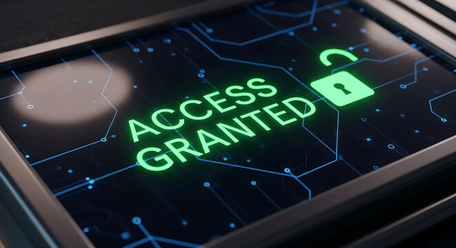 Access granted concept with digital security approval, authorized login, secure system access and cybersecurity authentication technology background
