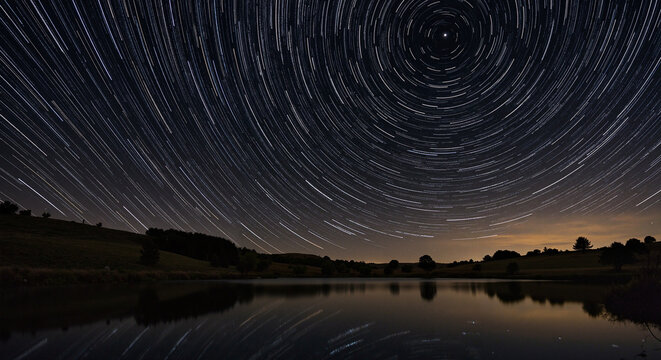 Star trails over calm lake reflecting night sky and landscape   - Powered by Adobe