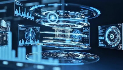 Advanced futuristic control panel displaying holographic data charts and interactive financial analytics - Powered by Adobe