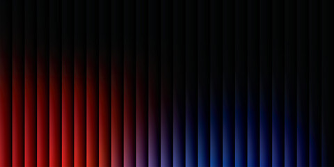 Neon ribbed fractal glass 3d background. Holographic vertical stripe pattern with vibrant purple blue yellow gradient. Abstract black bg, iridescent texture lines in radiant colors. 3D illustration