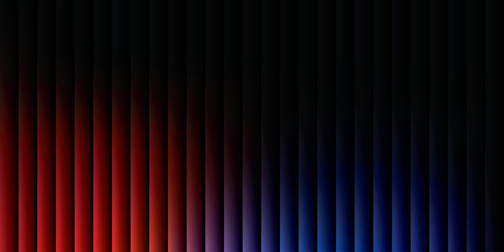 Neon ribbed fractal glass 3d background. Holographic vertical stripe pattern with vibrant purple blue yellow gradient. Abstract black bg, iridescent texture lines in radiant colors. 3D illustration
