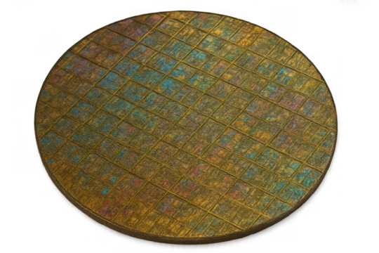 Silicon wafer showing electronic circuits for microchip and semiconductor manufacturing on a transparent background