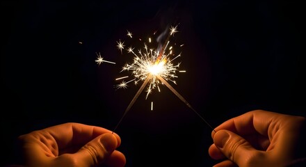 Hands holding a lit sparkler against a dark background, creating bright light trails and a festive atmosphere.