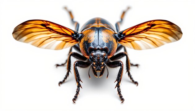 A large beetle with distinctive markings, showcasing its intricate body design and formidable size against a white background.