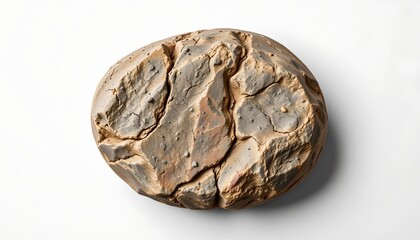 Obraz premium A single, irregularly shaped stone with a rough, natural texture, lying against a white background that is partially obscured by a gray gradient at the top