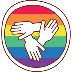 Fototapeta premium Three white human hands clasped together in a circle with a rainbow flag background and a brown outline symbolizing unity diversity and inclusion