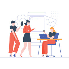 Three women collaborating on a project with mobile devices and a laptop in a minimalist office setting