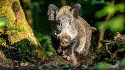 Fototapeta premium ferocity. A wild boar charging through dense forest undergrowth, its tusks scraping against tree bark in dappled sunlight. wildlife magazines. 