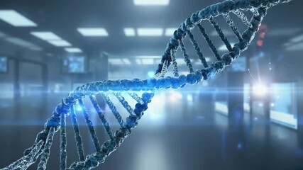 Blue D N A helix rotating in futuristic laboratory with bright lights and lens flares science - Powered by Adobe
