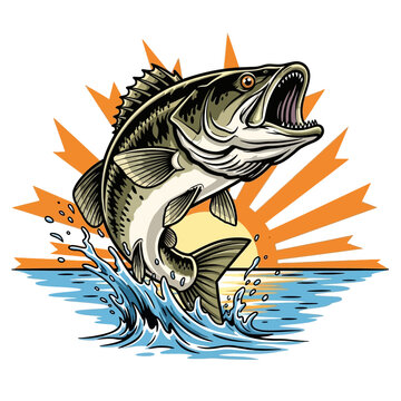 Bass fish jumping out of water with sunburst background illustration.
