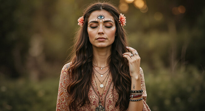 Young woman meditating outdoors with flowers in her hair  