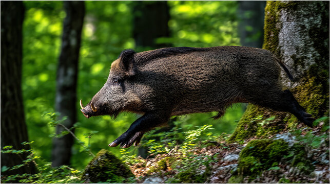 ferocity. A wild boar charging through dense forest undergrowth, its tusks scraping against tree bark in dappled sunlight. wildlife magazines.
