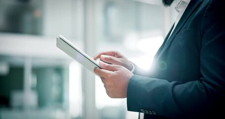 Scroll, online and hands with tablet, office and man with research for wealth management or project. Browsing, investment banker and person with tech for financial analysis and risk assessment on web - Powered by Adobe