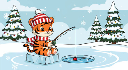 A cute cartoon tiger, wearing a striped hat and scarf, sits on an ice floe, ice fishing in a snowy winter landscape with decorated Christmas trees.