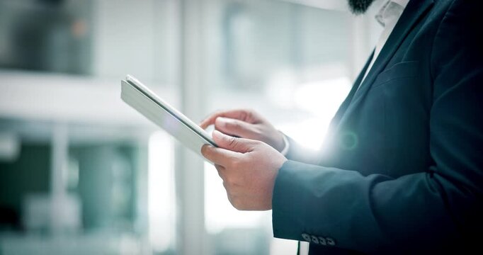 Scroll, online and hands with tablet, office and man with research for wealth management or project. Browsing, investment banker and person with tech for financial analysis and risk assessment on web