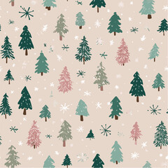 Seamless, repeating pattern,whimsical forest of Christmas trees