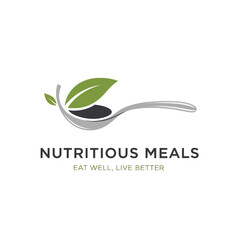 Nutritious Meals Logo Featuring Spoon with Leaf and Dark Filling.