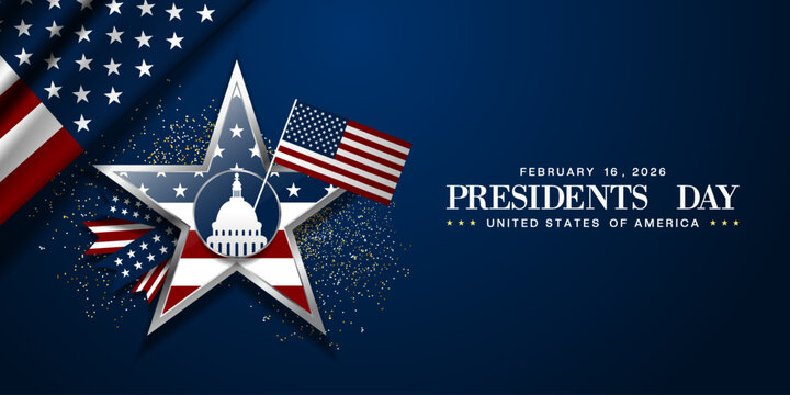 February 16 2026 is President's Day. America flag, star, White House and sparkle. Great for cards, banners, posters, social media and more. Dark blue background.    - Powered by Adobe