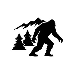 Fototapeta premium Silhouette of Bigfoot walking in a forest with mountains in the background, rendered in black and white.