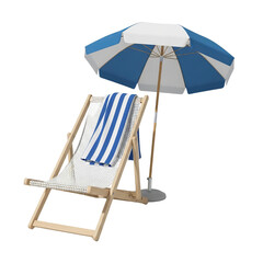 Beach chair with striped towel and blue umbrella render
